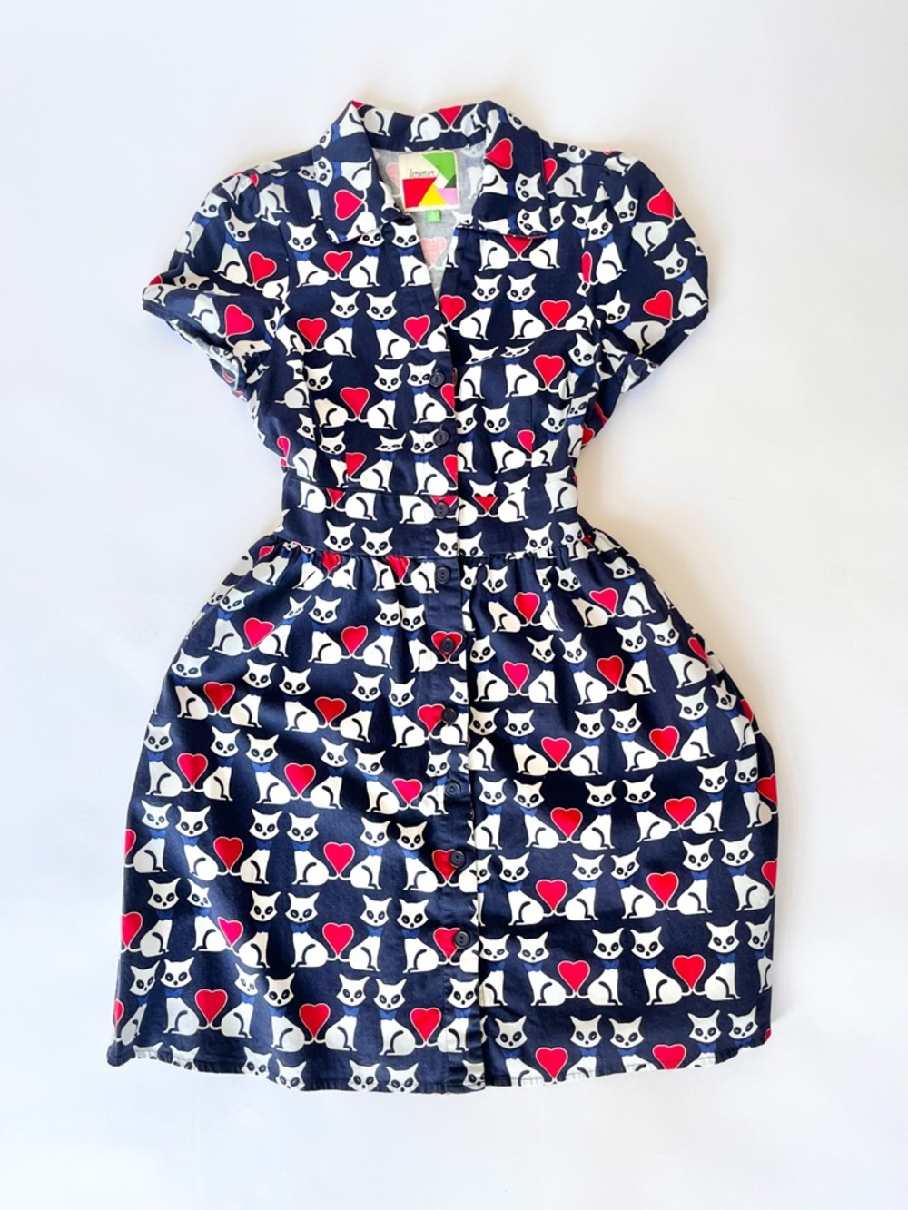 Navy Cat & Heart Print Shirt Dress